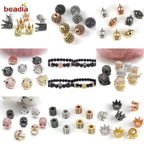 Wholesale Fashion CZ Crystal Copper Beads Plating Color Round Crown Leopard Skull Beads For Bracelet Clothing Accessories