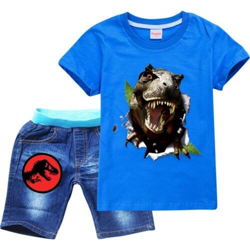 2021 Summer Cartoon Boys Dinosaur 3D Print Clothes Kids 100% Cotton T-shirts Denim Shorts 2pcs Sets Fashion Toddler Girls Outfit