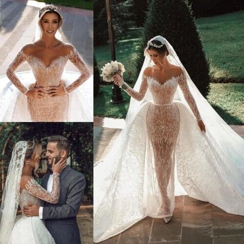 Amazing Sparkle Sequined Wedding Dresses With Detachable Skirt 2021 Off The Shoulder Long Sleeve See Through Lace Bridal Gowns A