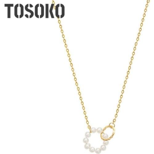 TOSOKO Stainless Steel Jewelry Ring Freshwater Pearl Necklace Female Sweet Flower Clavicle Chain BSP818