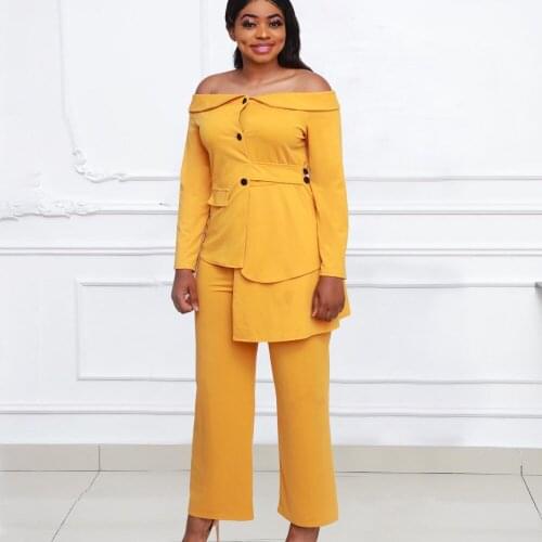 2 Piece Sets 2021 African Clohtes For Women New Arrival Spring Summer Two Pieces Sets Slash Neck Top Pants Africa Clothing