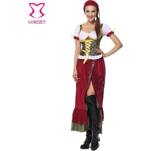 Corzzet Long Red German Beer Maid Peasant Slip Leg Dress Adult Halloween For Women Oktoberfest Beer Festival Costume