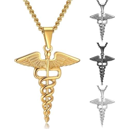 Medical Necklace Men Snake Scepter Angel Wings Pendant Who Symbol Medicine Steel Chain Choker Doctor Gift Nurse Jewelry