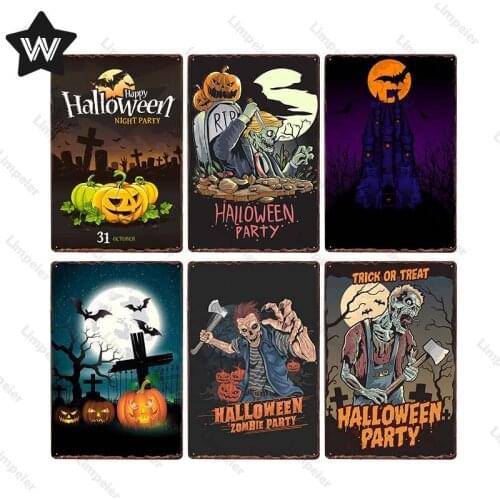 Halloween Metal Plate Tin Sign Vintage Wall Sticker Metal Poster Retro Style Pumpkin Lantern Metal Sign Shabby Metal Plate Decor