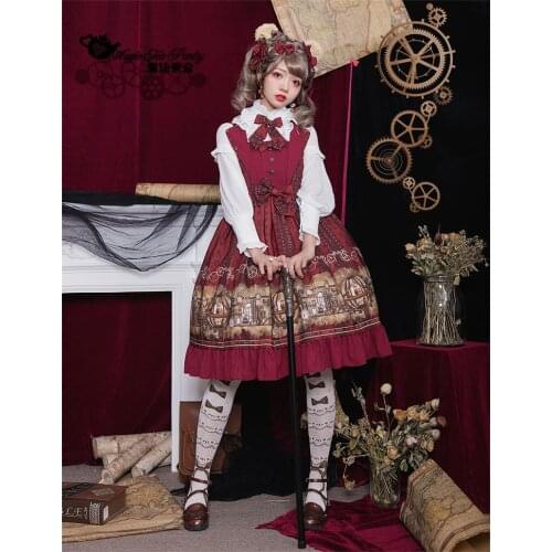 Sweet lolita dress vintage falbala bowknot cute printing high waist princess victorian dress kawaii girl gothic lolita jsk loli