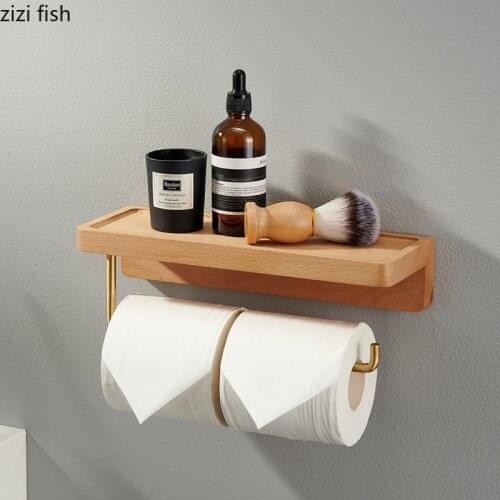 Natural Walnut/Beech Minimalist Tissue Holder Box Toilet Paper Roll Holder Copper Wall-mounted Paper Towel Holder Bathroom Shelf