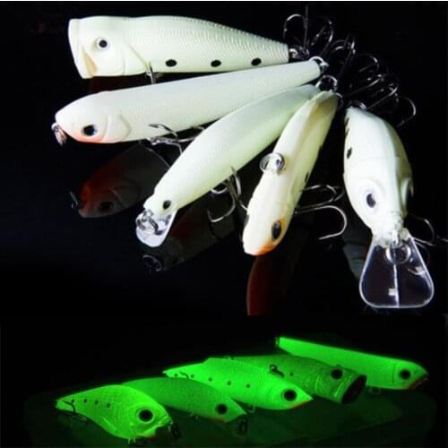 Htdob 5pcs Night Fishing Lure Bait Kit Luminous VIB Popper Crank Minnow Pencil Glow Artificial Lures Set