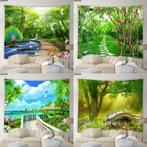 Natural Landscape Tapestry Forest Ocean Green Plants Flowers Peacocks Animal Garden Scenery Wall Hanging Beach Towel Home Decor