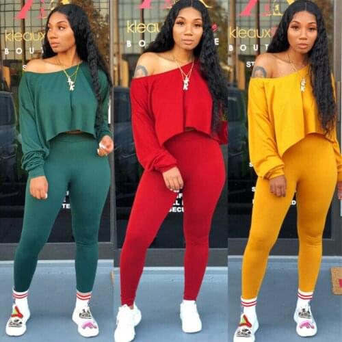 Autumn Two Piece Pants Set Off Shoulder Long Sleeve Top+Leggings Pant Casual Ladies Two-Piece Outfit