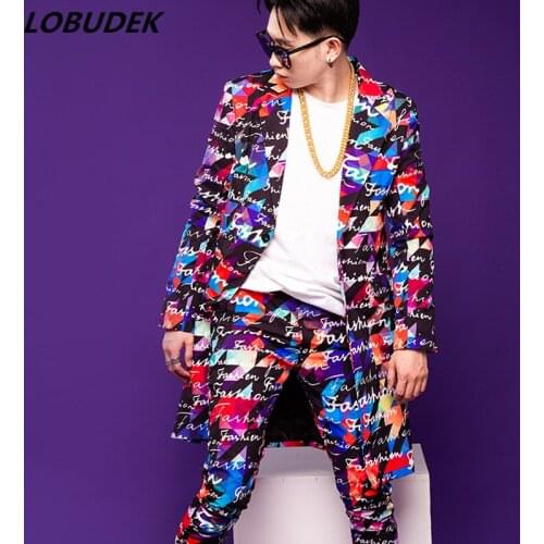 Letter Printed Jacket Suit Tide Male Singer Punk Hip Hop Rock 2-Piece Set Nightclub Bar Concert Stage Performance Clothes