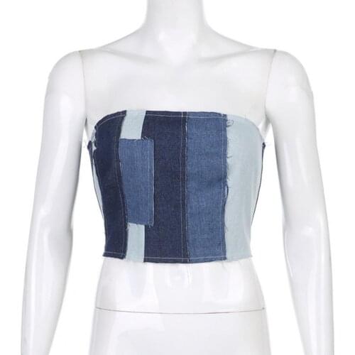 Sexy Women Sleeveless Lace Up Bandage Bustier Denim Patchwork Bandeau Tube Top