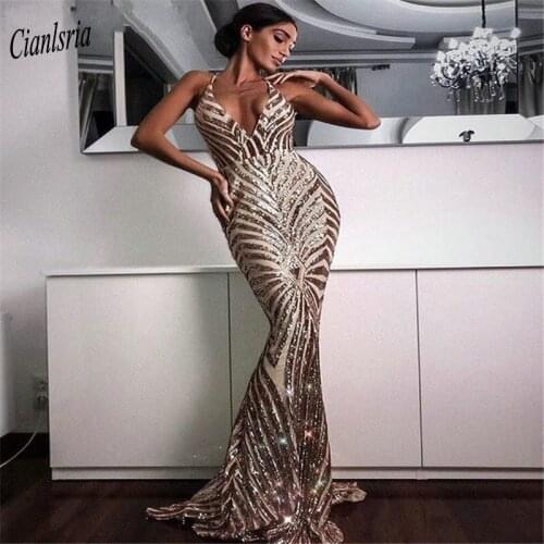 African Gold Long Mermaid Evening Dresses 2020 Sleeveless V-Neck Illusion Court train Formal Evening Party Dress Custom Made