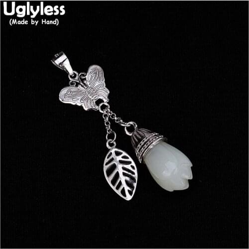 Uglyless Real Solid 925 Sterling Silver Butterfly Pendants for Women Natural Jade Magnolia Necklaces NO Chains Thai Silver Leaf
