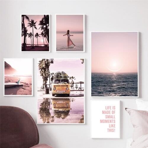 Beach Landscape Poster Home Decor Wall Art Canvas Painting Sandy Beach Coconut Tree Print Pink Picture for Living Room Design