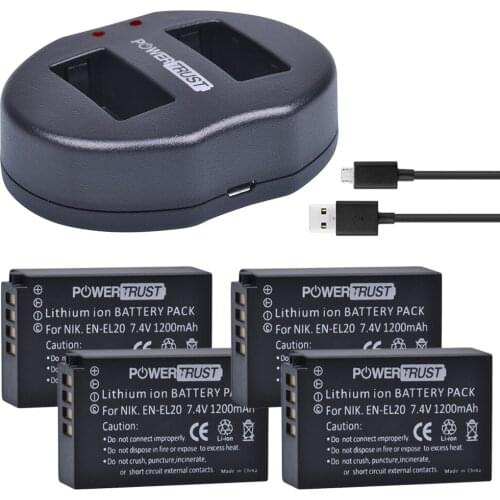 PowerTrust 4Pcs 1200 mAh EN-EL20 EN-EL20a EN EL20 battery + Dual USB Charger for NIKON 1 J1 J2 J3 S1 Camera