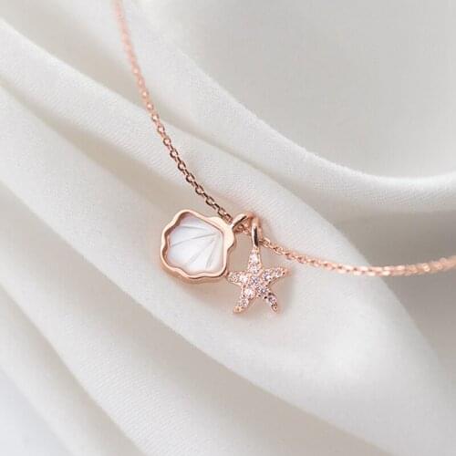 Real 925 Sterling Silver Link Chain Necklaces for Women Shiny Zircon Starfish Shell Pendant Fine Jewelry Ladies Birthday Gift