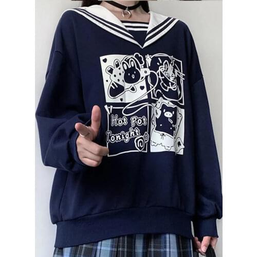 2021 Navy Collar Women Hoodie For Girl Spring Fashion Kawaii Japanese Sweatshirt Cute Long Sleeve Loose Cartoon Student Hoodie