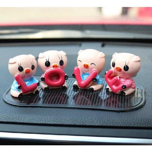 Car Ornaments Decorations LOVE 4pcs/Set Pigs Car Inner Decoration Resin Cartoon Pink Red Pig Decors with Nonslip Mat Gift