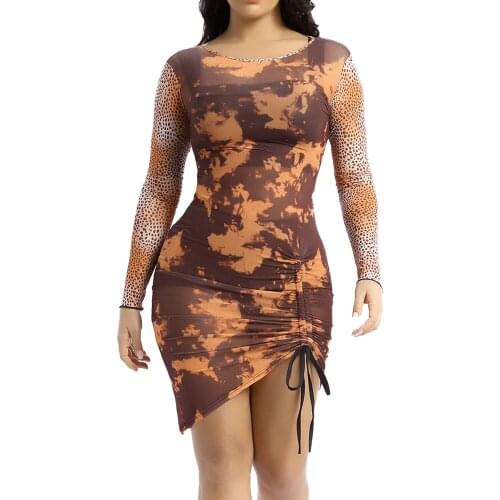 Women Fashion Printing Drawstring Ruched Dress Round Neck Long Sleeve Bodycon Dresses for Nightclub Party