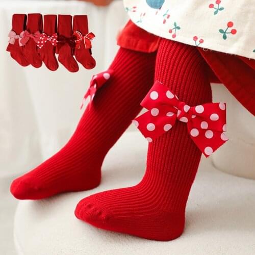 Chinese Red Bowknot Pantyhose Spring and Autumn Pure Cotton Vertical Stripes Cute Princess Baby Celebrity Prosperous Leggings