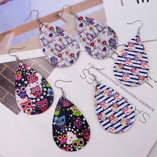 New Design Printed Owl Leather Teardrop Earrings for Women Cute Owl Wholesale Leather Teardrop Earrings