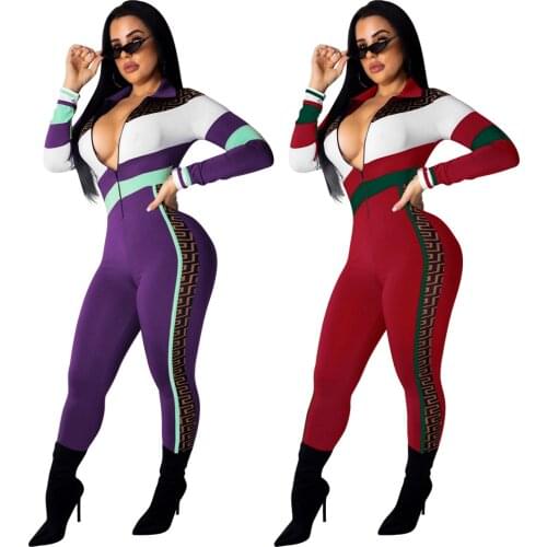 Somoshein S-2XL women autumn clothing Tights jumpsuit sport printinh long sleeve zip v neck romper Wholesale Dropshopping