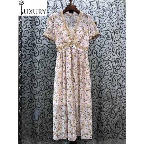 Runway New High Quality 2020 Summer Women V-Neck Elegant Little Flower Print Sequined Golden Embroidery Pink Green Dress