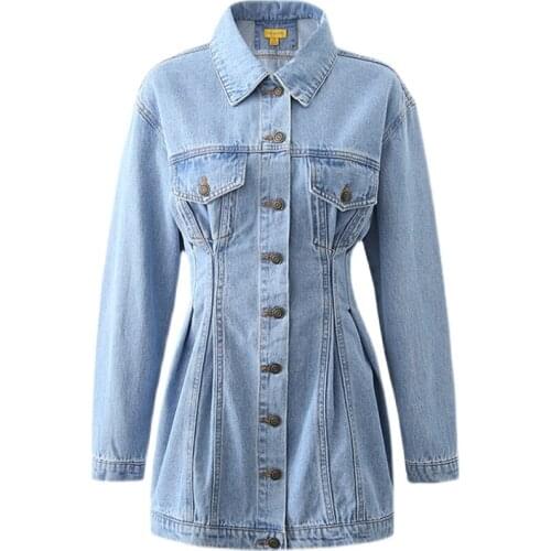 2021 Spring New Solid Female Lapel Collar High Waist Long Sleeve Single Breasted Denim Dress Loose Vintage Ladies Vestidos H1182