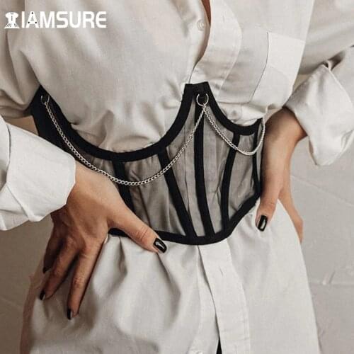 IAMSURE Black Mesh Coeset Slim Vintage Chain Bandage Tie Back Bustier Crop Top 2021 Fashion Elegant Lady Streetwear Waist Bands