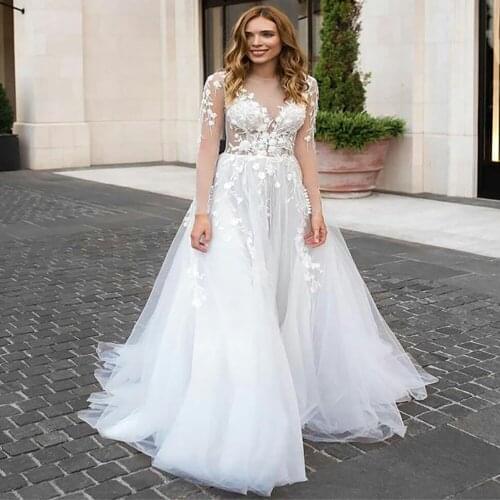 2020 Custom Made Long Sleeve Illusion Wedding Dresses Appliques Tulle Bridal Gowns Vestidos De Novia
