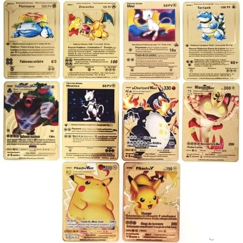 10 pieces/set of the new version of French Pokemon Charizard Pikachu Mewtwo Venusaur VMAX Gold Card Battle Order Trading Game