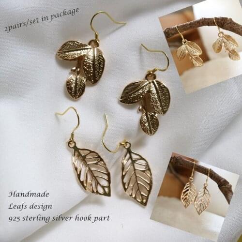 2pairs/set original vintage golden leaf earrings Hollow leaves hook dangle earring for women jewelry gift