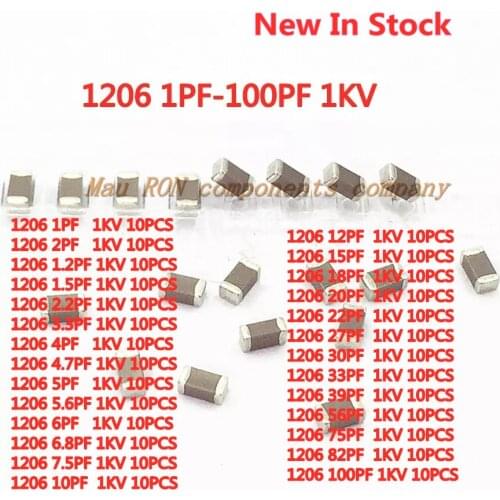 270PCS/LOT SMD ceramic capacitor 1206 1PF-100PF 1KV 1000V 1PF 5PF 10PF 22PF 33PF 82PF 6.8PF 56PFNPO C0G high voltage capacitor