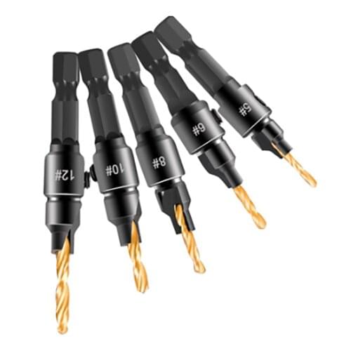 5PCS HSS Countersunk Twist Drill Set Titanium-plated Woodworking Hole opener chamfer punching Drill Bits with Hex wrench Kit