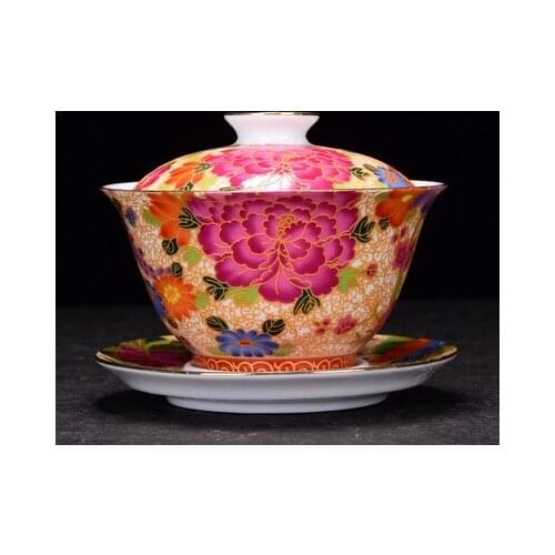 Jingdezhen Ceramic Tea Tureen Enamel Gold Wire Peony Cover Bowl Chinese KungFu Gaiwan Tea Cup Tea Bowl Teaware Free Shiping