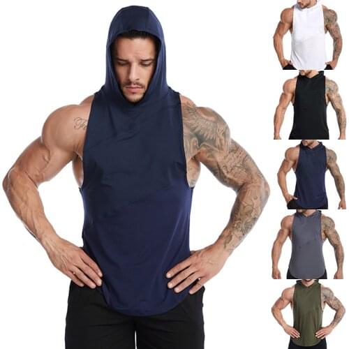 Summer Tank Top Man Quick Dry Sports Fitness Solid Sleeveless Hood Tops Mens Plus Size Cycling Running Basketball Gym Clothing