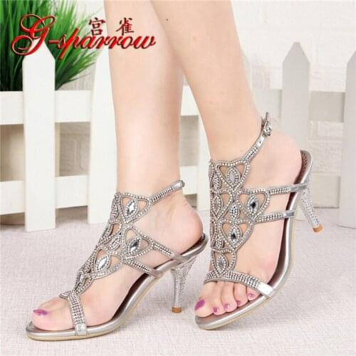 G-sparrow 2018 New Women High-heeled Thick Heel Sandals Summer Korean Crystal Sexy Diamond Wedding Shoes