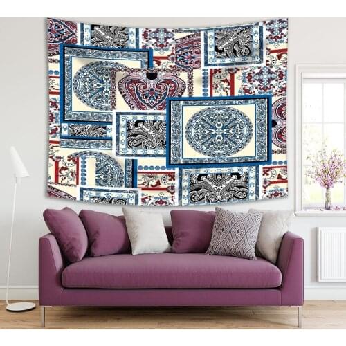 Tapestry Mosaic Style Patchwork Quilt Pattern Floral Motives Vintage Decorative Artwork Blue Beige Red