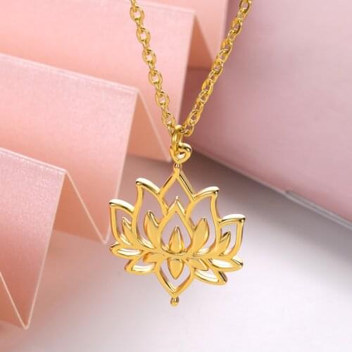 Stainless Steel Womens Neck Chain Necklace Vintage Gold Lotus Flower Pendant Choker Wedding Couple Femme Jewelry Accessories