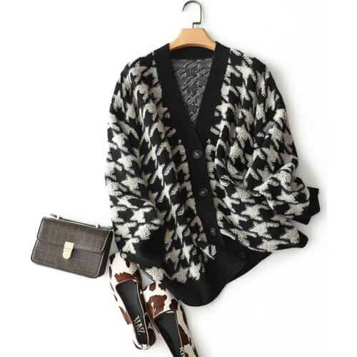 SHUCHAN 100% Cashmere Thick Cardigan Women Winter Vintage Single Breasted Geometric V-Neck Loose-fitting Vintage Sweater