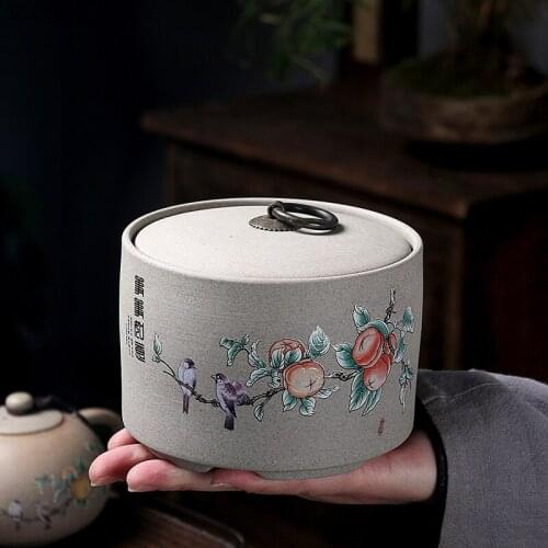 Modern Flower and Bird Pattern Ceramic Storage Jar with Metal Ring Lid Cylindrical Candy Tea Cans Household Sealed Storage Jars