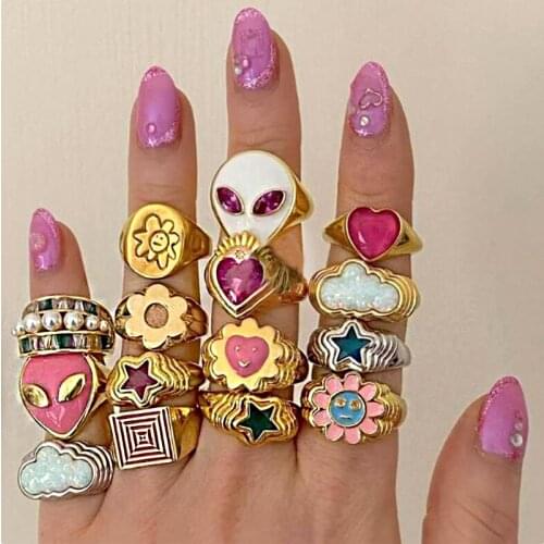 Smile Gal Ring Alien Flower Queen Rings Namel Thick Ring Cute Smile Drop Oil Clouds Heart Rings For Women Girls Fashion Jewelry