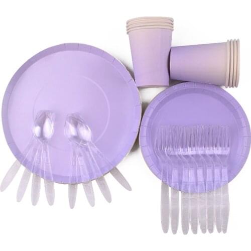 40Pc/Set Round Shape Pure Purple Theme Disposable Tableware Birthday Decoration Baby Shower Forks Cups Tablecloth Party Supplies