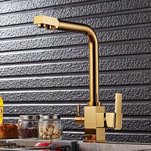 Kitchen gold faucet hot and cold water local gold direct drinking water rotatable double outlet kitchen faucet