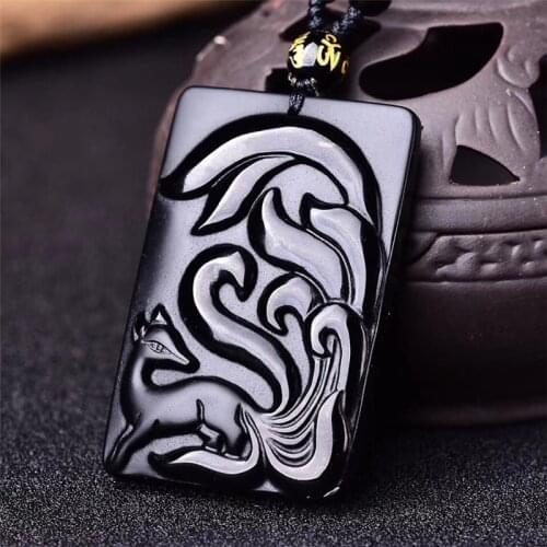 2019 Men Necklace Pendant Natural Obsidian Stone Fox Pendant Nine-fox Pendant Necklace Gift for Women Fashion Jade Jewelry