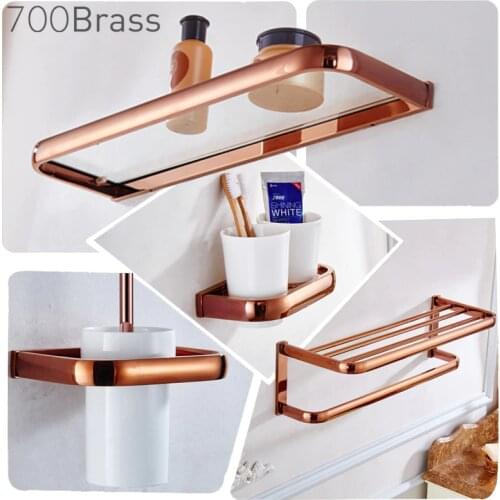 Luxury Rose Gold Bathroom Accessories Brass Wall Mounted Toilet Brush Paper Towel Holder Rack Glass Shelf Bath Hardware Set