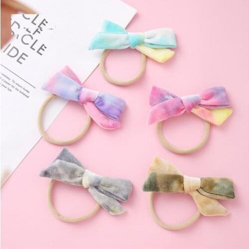 36pc/lot7 Colors large 4.7" Rainbow Dye Tie Velvet Bow Baby Headbands For Girls Nylon Hairband Newborn Infant Hair Accessory