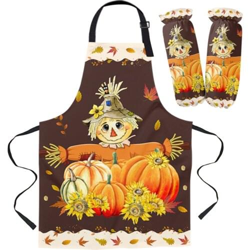 Autumn Pumpkin Maple Leaf Scarecrow Kitchen Apron Baking Accessories Sleeveless Aprons for Men Women Home Cleaning Tools