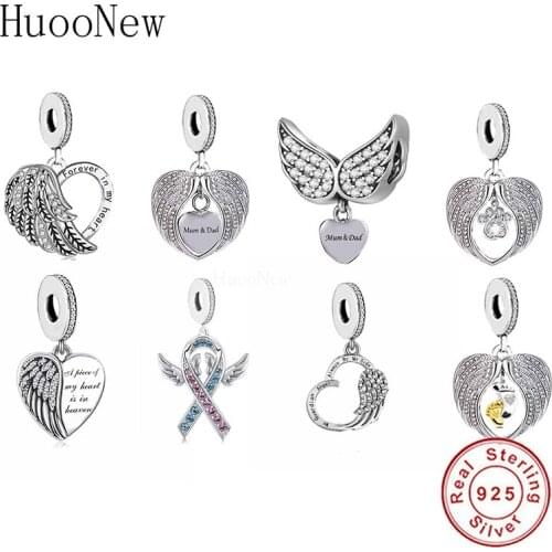 Fit Original Pandora Charm Bracelet Authentic 925 Silver Dad Mum Angel Wings Forever In My Heart Bead For Making Berloque 2021