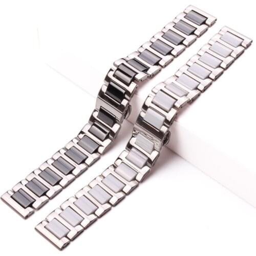 Middle Ceramic Links Stainless Steel Bracelet 16mm 18mm 20mm Men Women White Black Watchband Strap Metal Double Push Clasp